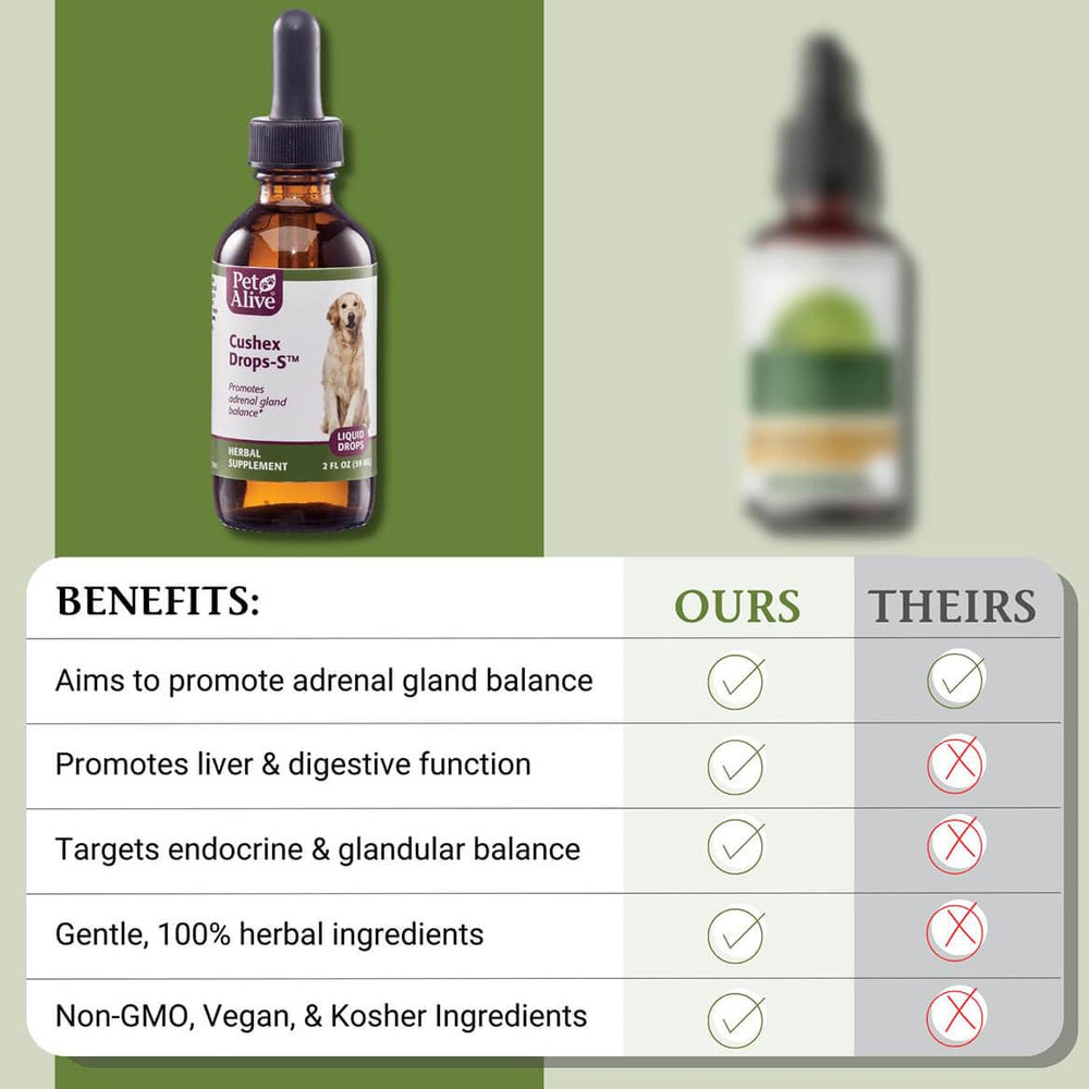 Herbes entières de PetAlive Cushex Drops-S, soutien naturel et sécurité.