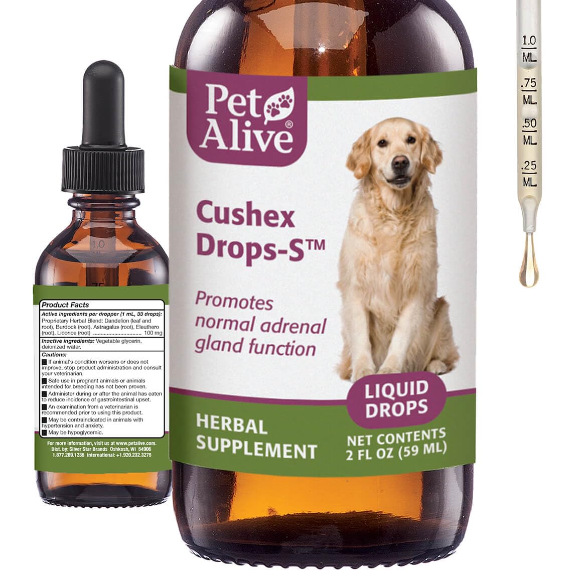 Cushex Drops-S de PetAlive, flacon visible, soutien potentiel à l'équilibre hormonal.