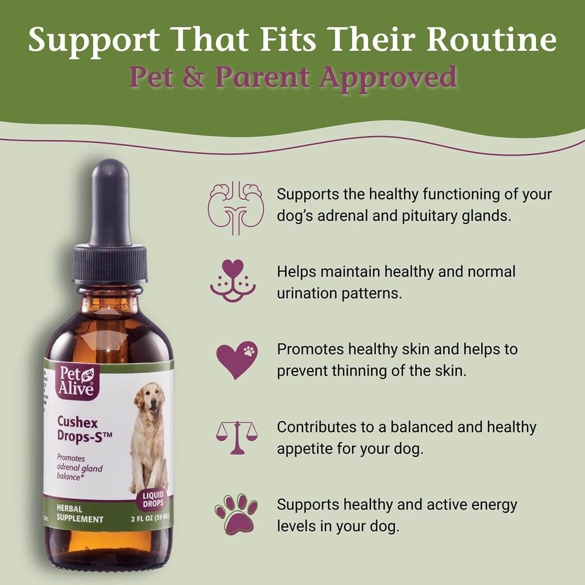 Cushex Drops-S de PetAlive, flacon et système digestif équilibré potentiel.