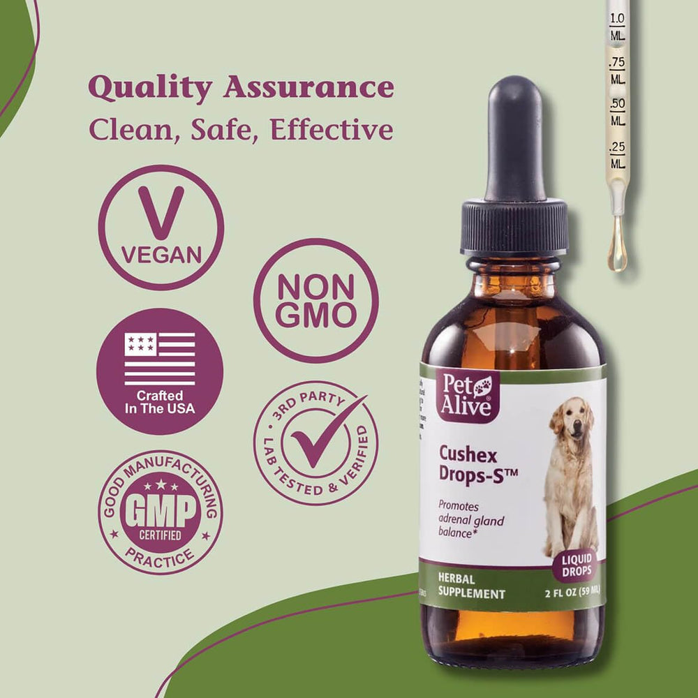 Cushex Drops-S PetAlive, formulé par des experts en santé naturelle.
