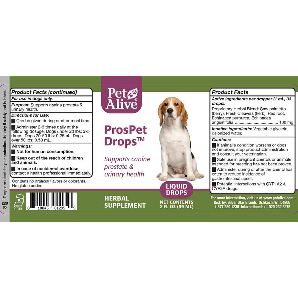 ProsPet Gouttes PetAlive: aide potentielle contre la constipation canine.