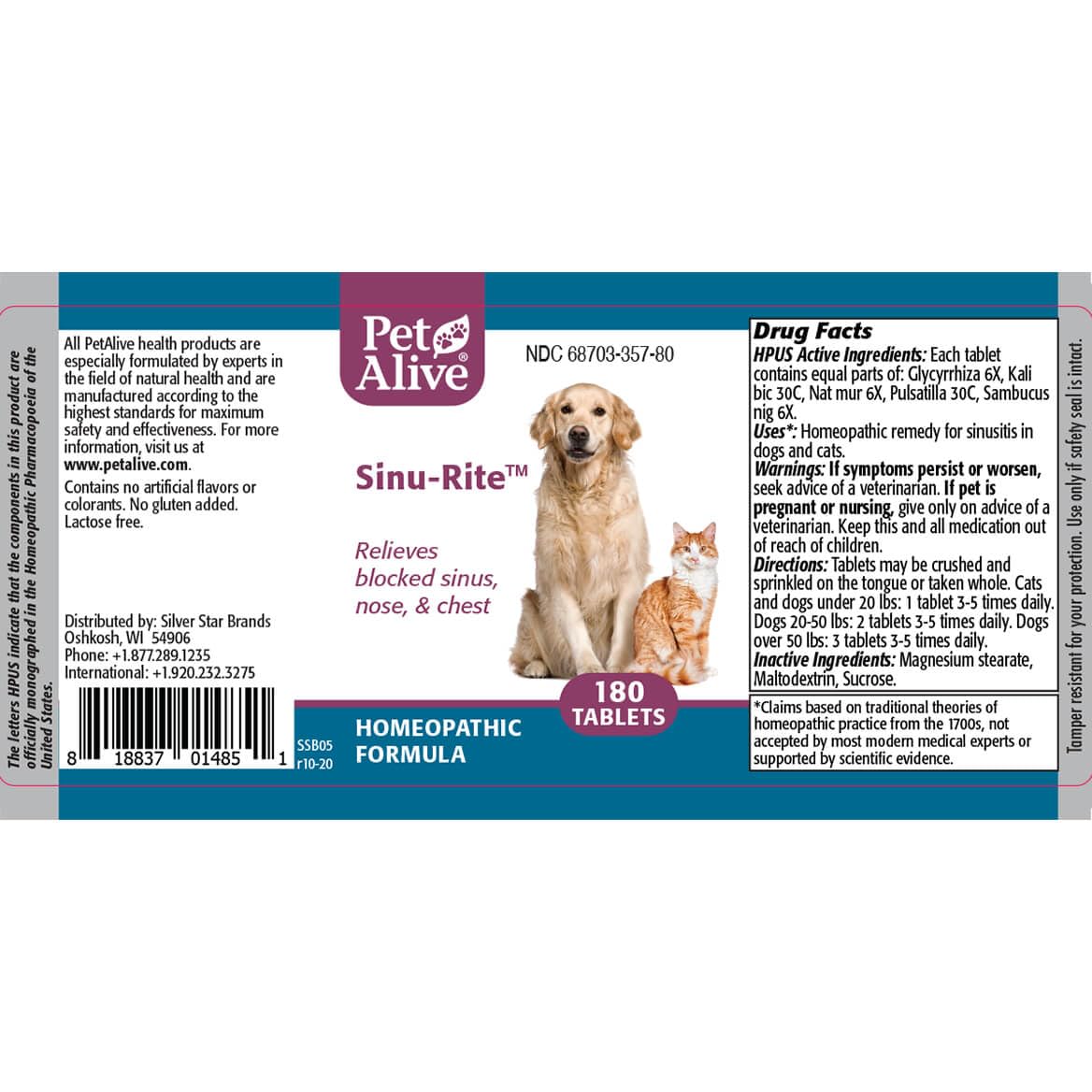 Tablettes PetAlive Sinu-Rite, contient 180 comprimés pour utilisation durable.