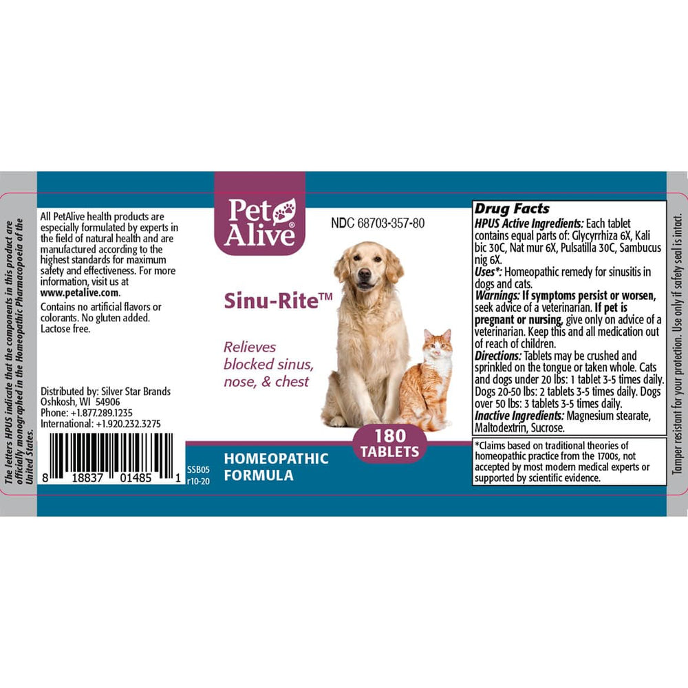Tablettes PetAlive Sinu-Rite, contient 180 comprimés pour utilisation durable.
