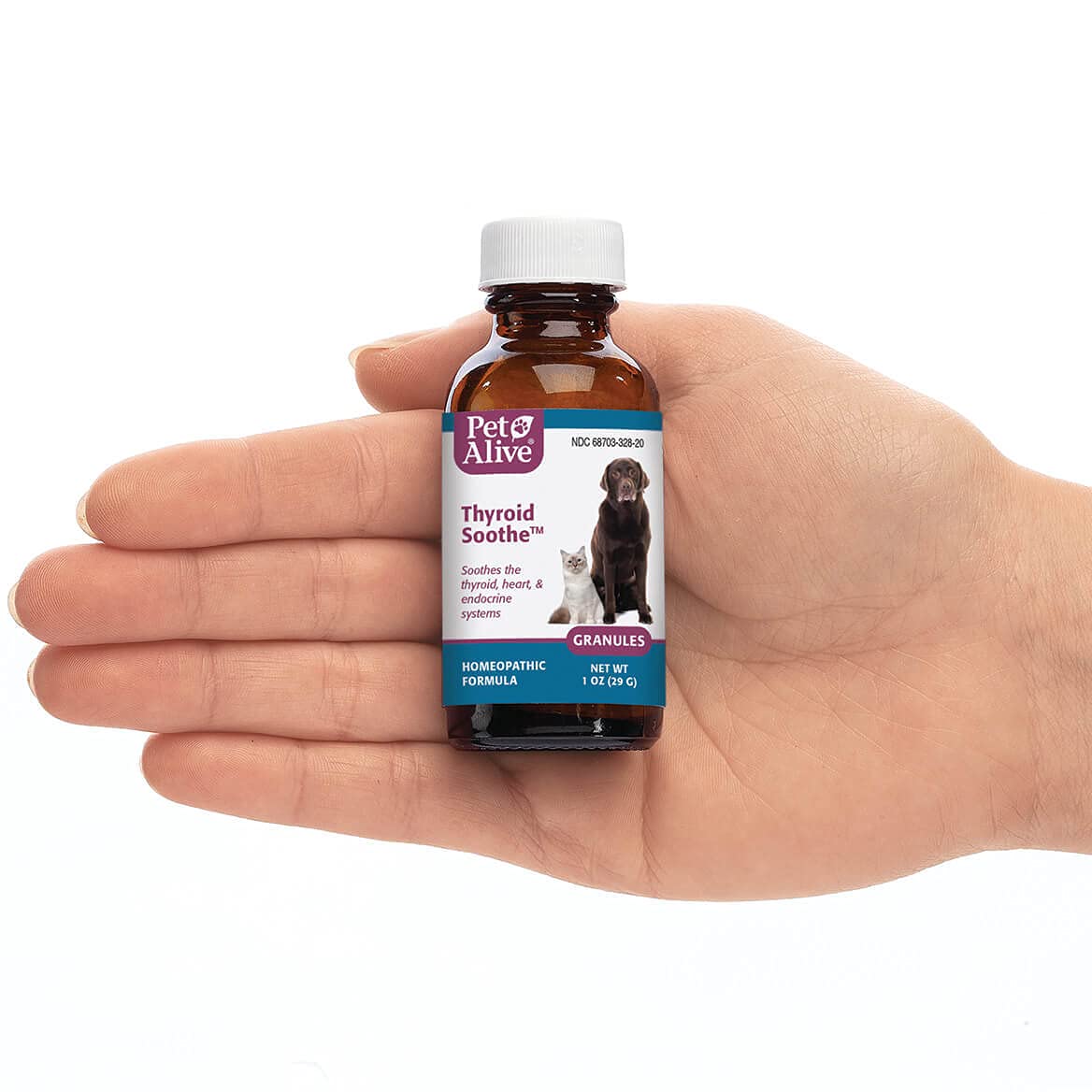 Étiquette claire du produit PetAlive thyroïde granules.
