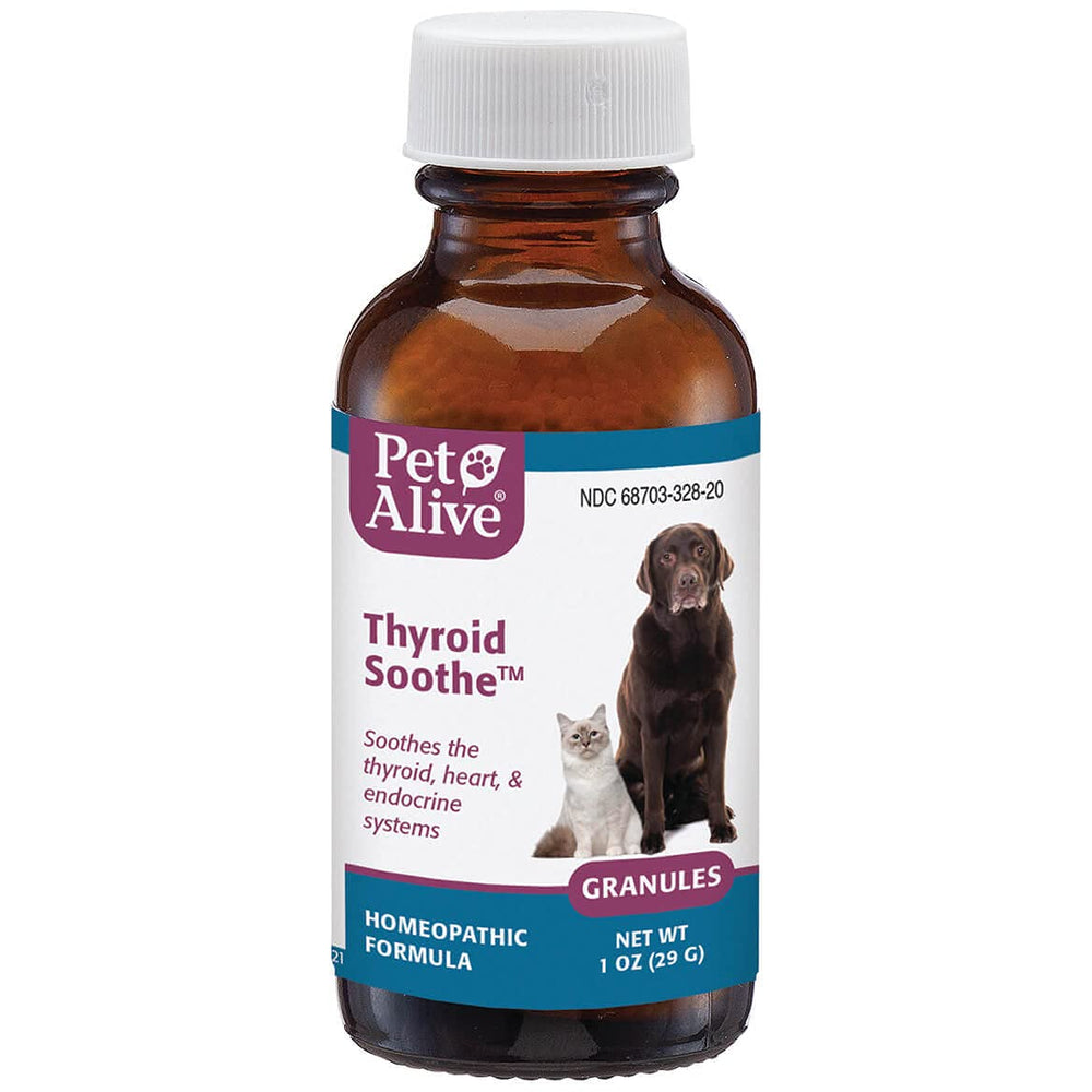 PetAlive granules thyroïde flacon montrant l'emballage et les granules.