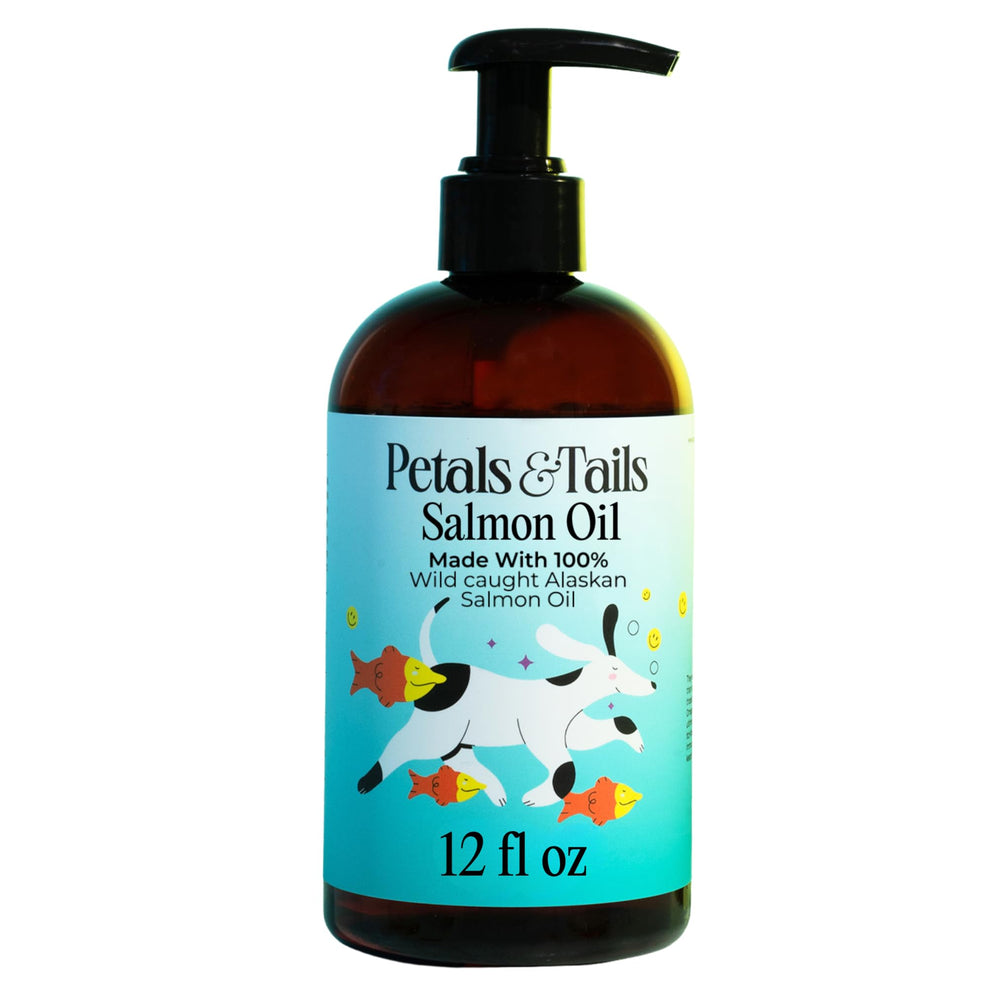 Petals and Tails huile saumon sauvage bouteille — peau saine et pelage brillant.