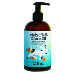 Petals and Tails huile saumon sauvage bouteille — peau saine et pelage brillant.