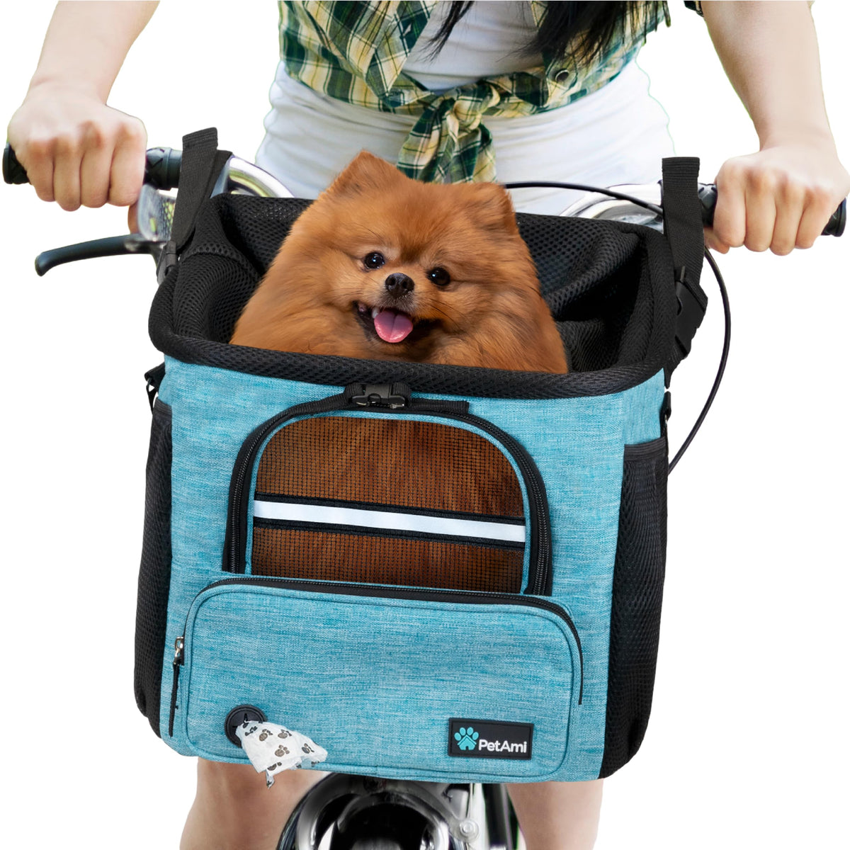 Panier vélo chien PetAmi avant, facile à attacher sur guidon pour sorties courtes