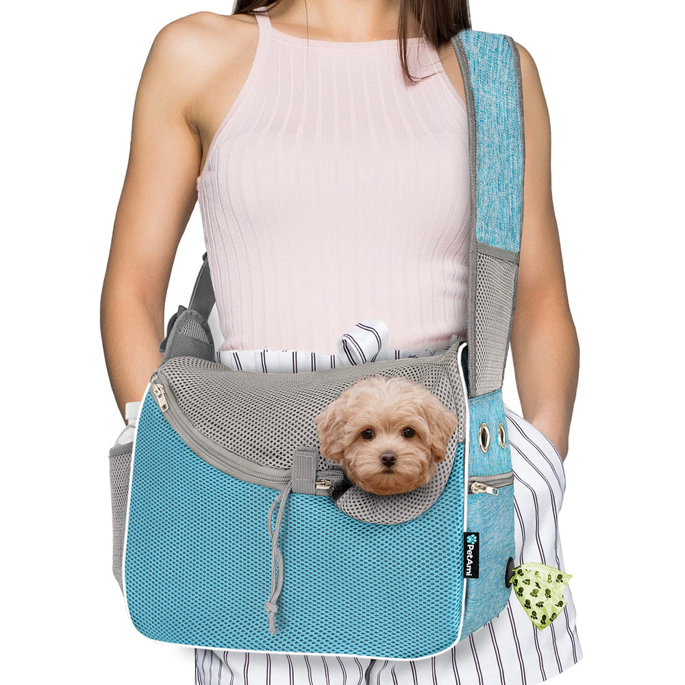 Porte-chien PetAmi bleu, vue avant, pratique pour transporter votre petit compagnon sans les mains.