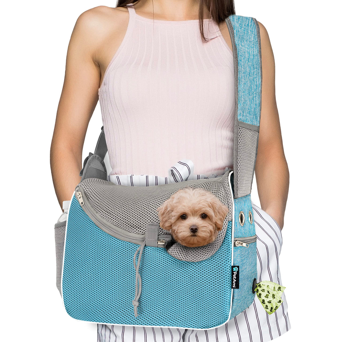 Porte-chien PetAmi bleu, vue avant, pratique pour transporter votre petit compagnon sans les mains.
