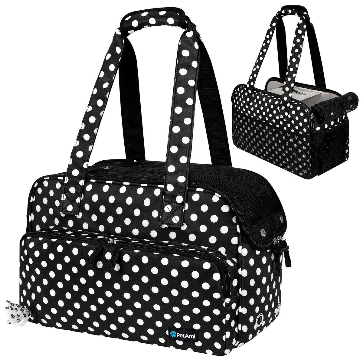 PetAmi Sac petit chien pois noir, vue avant, adapté pour déplacements quotidiens.