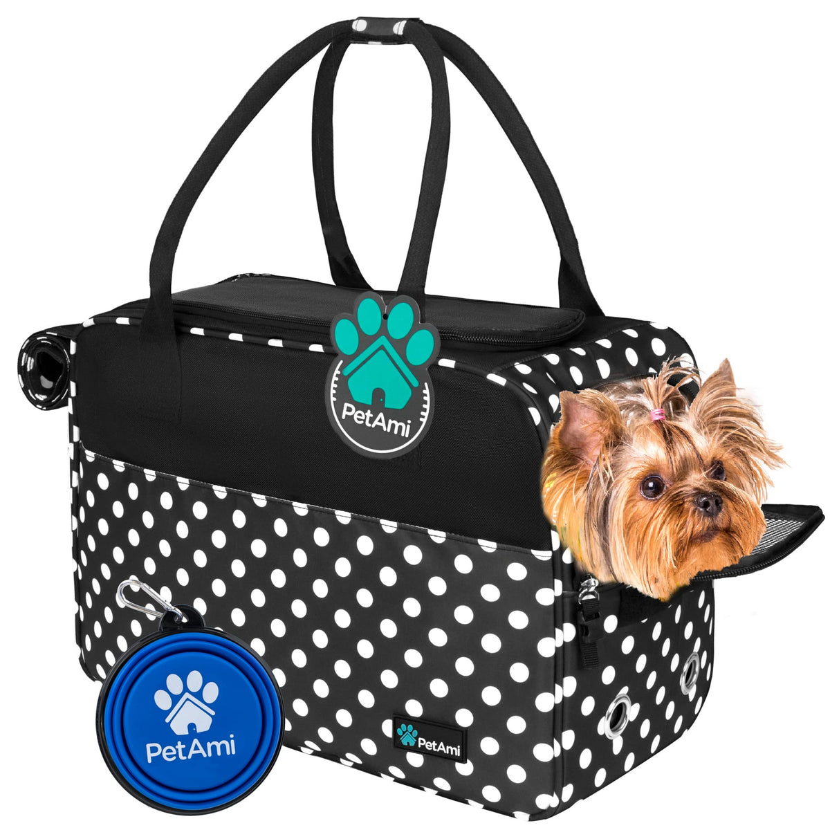Porté PetAmi sac porte-chien petit à pois, pratique pour déplacements en voiture ou promenade.