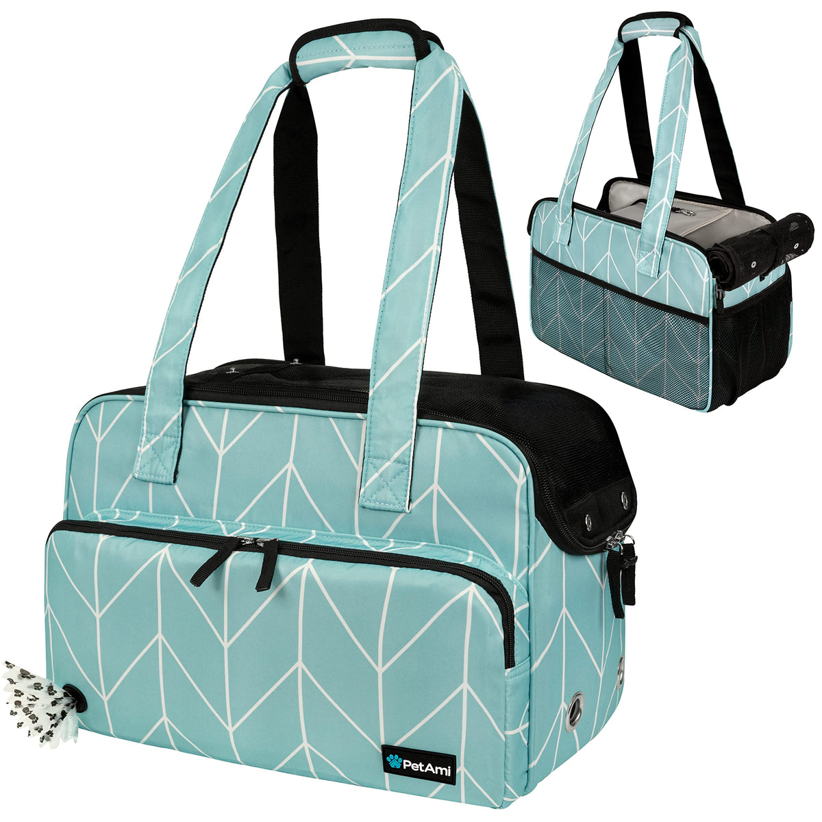 Sac PetAmi porte-petit chien en chevron teal, pratique et confortable.