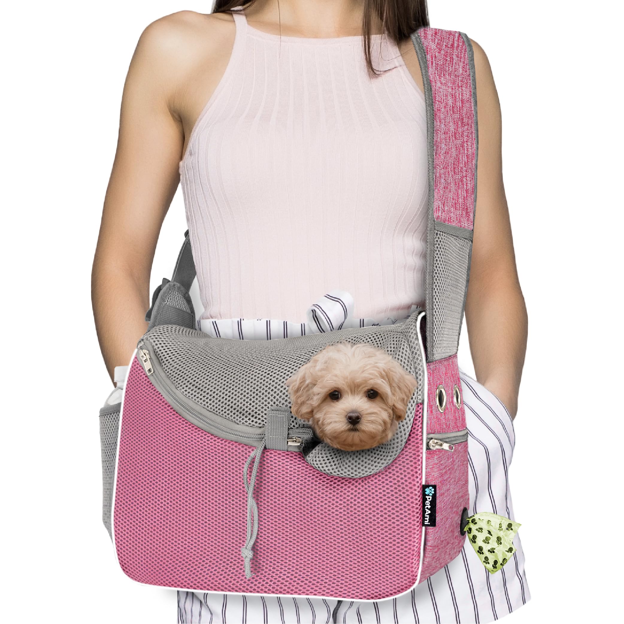 PetAmi porte-chien à bandoulière, chien petit dans le sac, pour promenades mains libres.