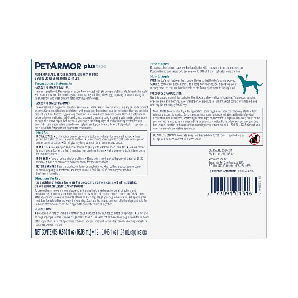 Utilise les mêmes actifs que Frontline Plus pour chiens, PetArmor Plus.