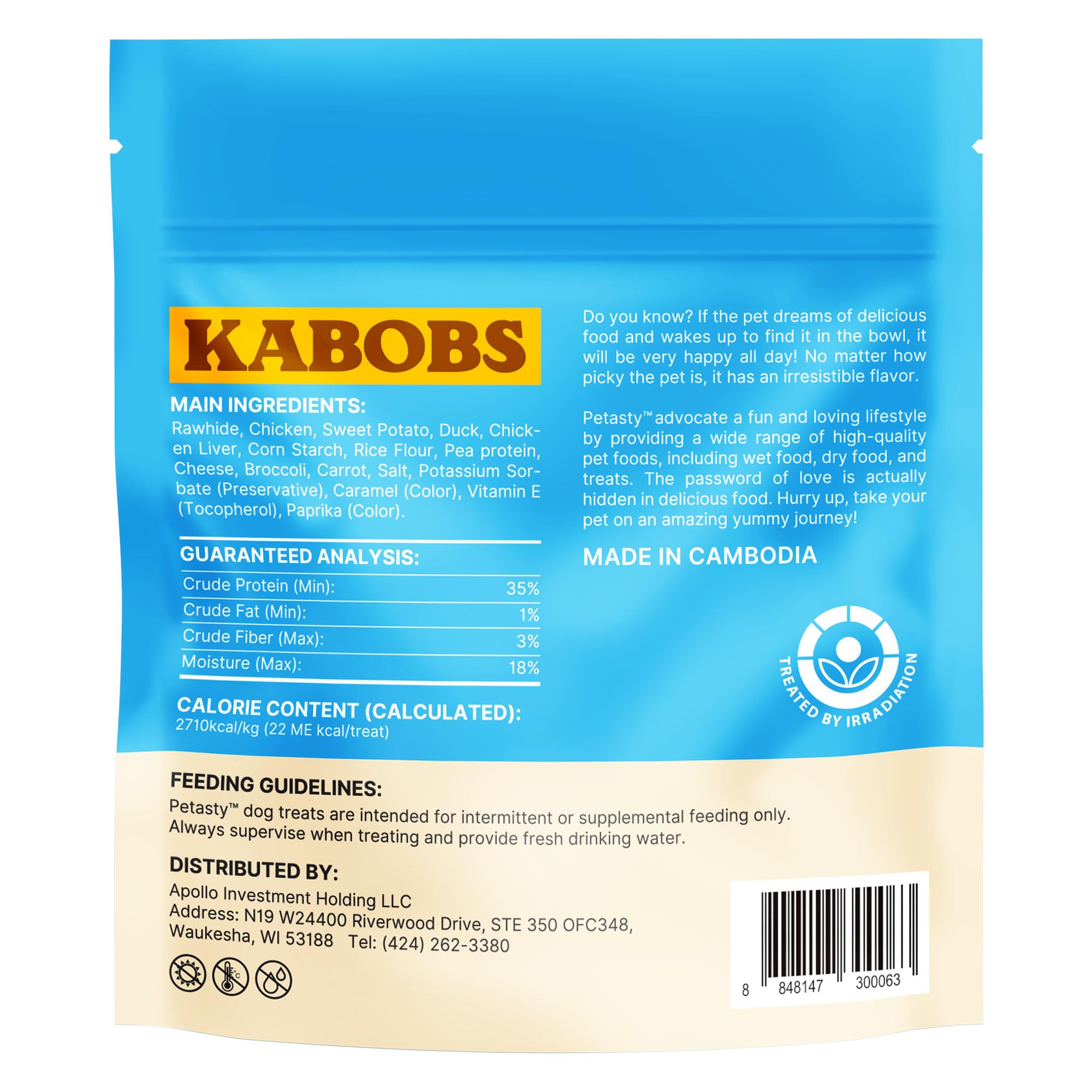 Ingrédients Petasty Dog Kabobs poulet pour une saveur riche.