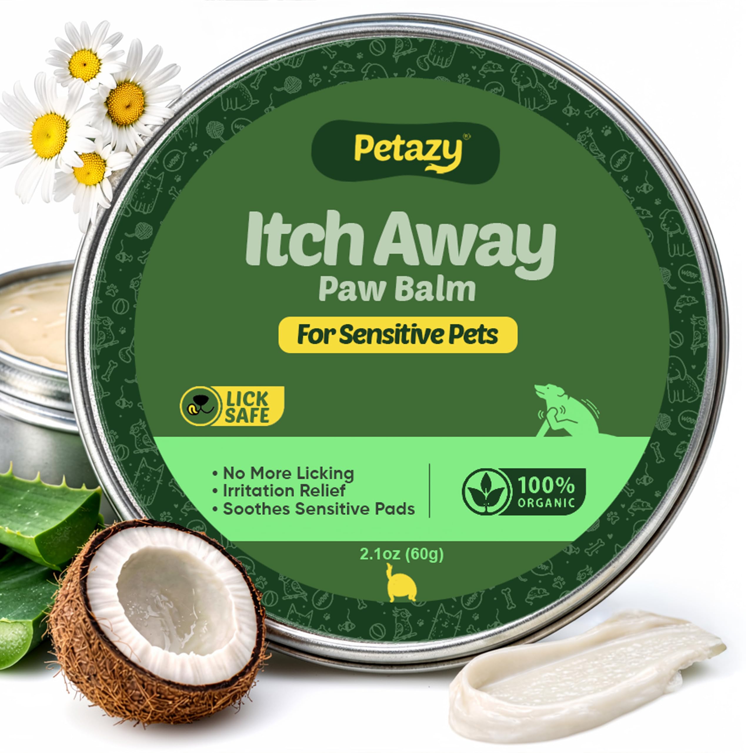 Pommade Petazy Itch Away appliquée sur patte, apaise les irritations.