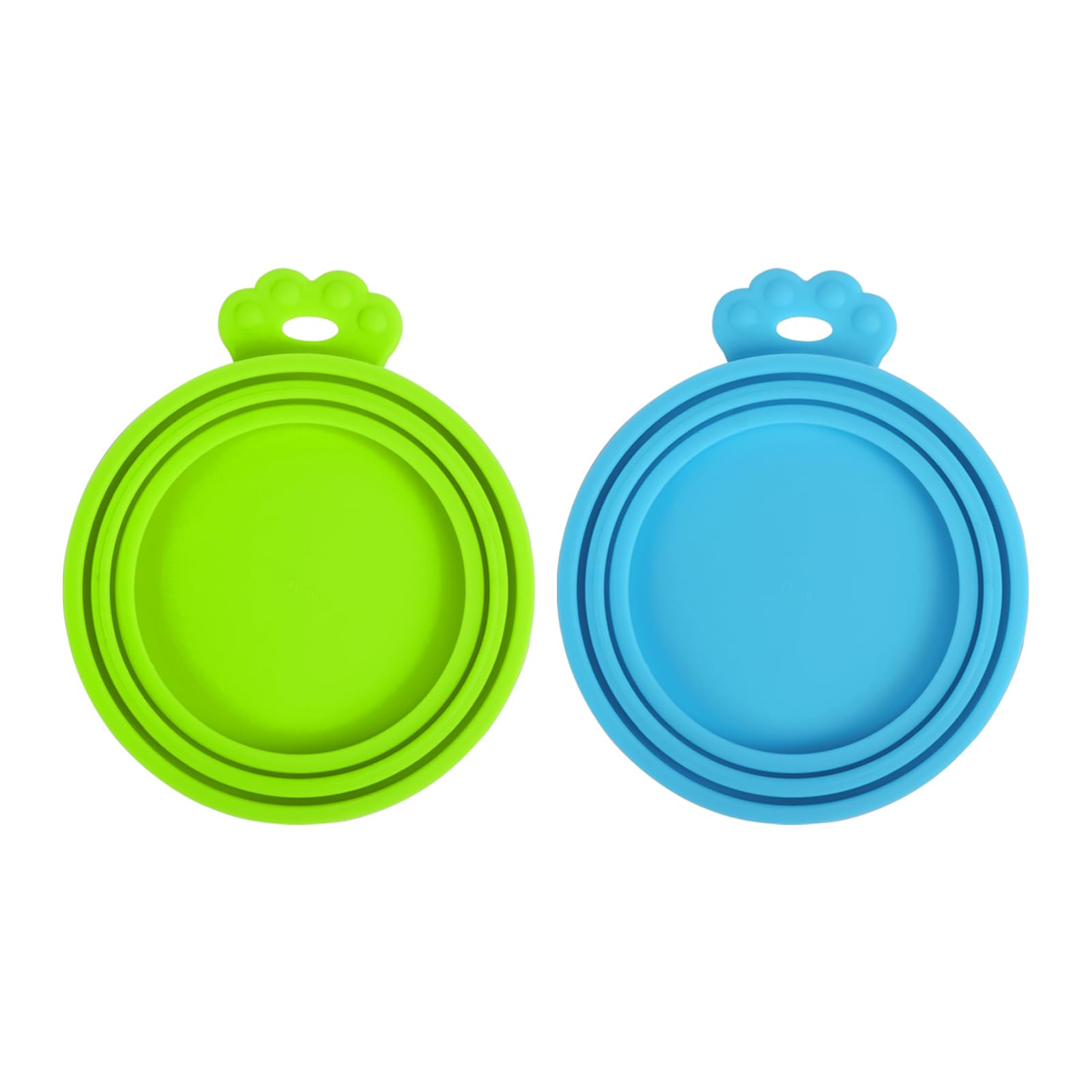 Couvercles PetBonus en silicone bleu sur boîte de nourriture pour animaux, prolonge la fraîcheur.