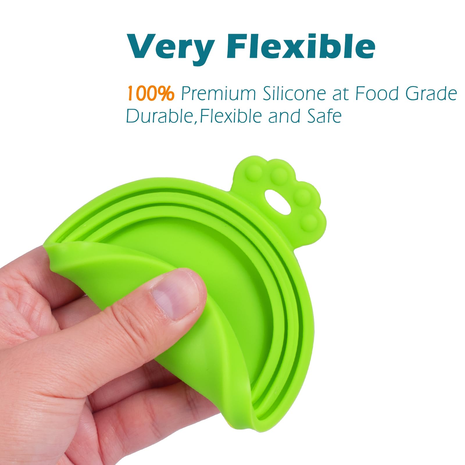 Couvercles PetBonus en silicone vert sur boîtes d'alimentation animale, scellage hermétique et fraîcheur préservée.