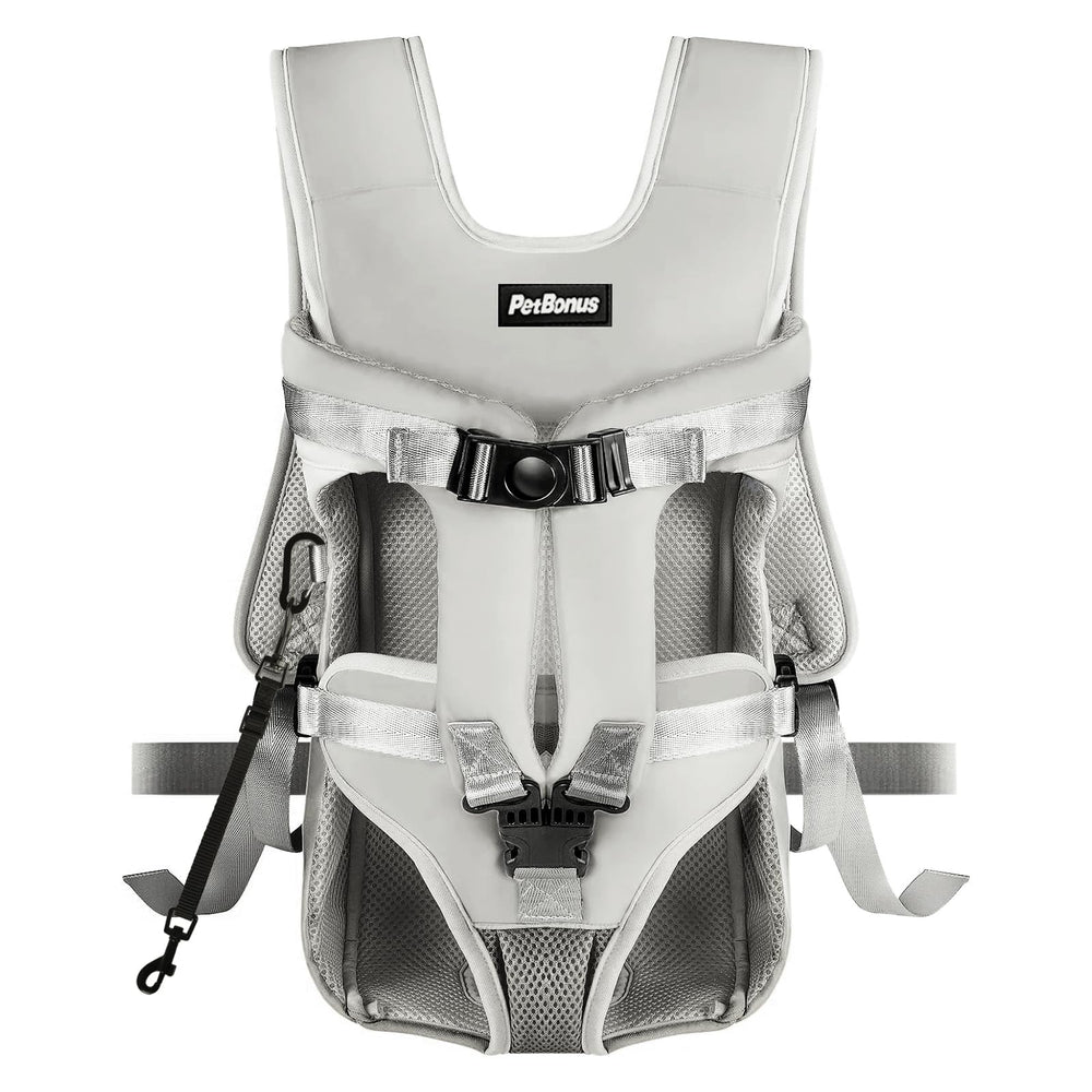 PetBonus sac à dos porte-chien avant gris pour sorties en plein air et confort.