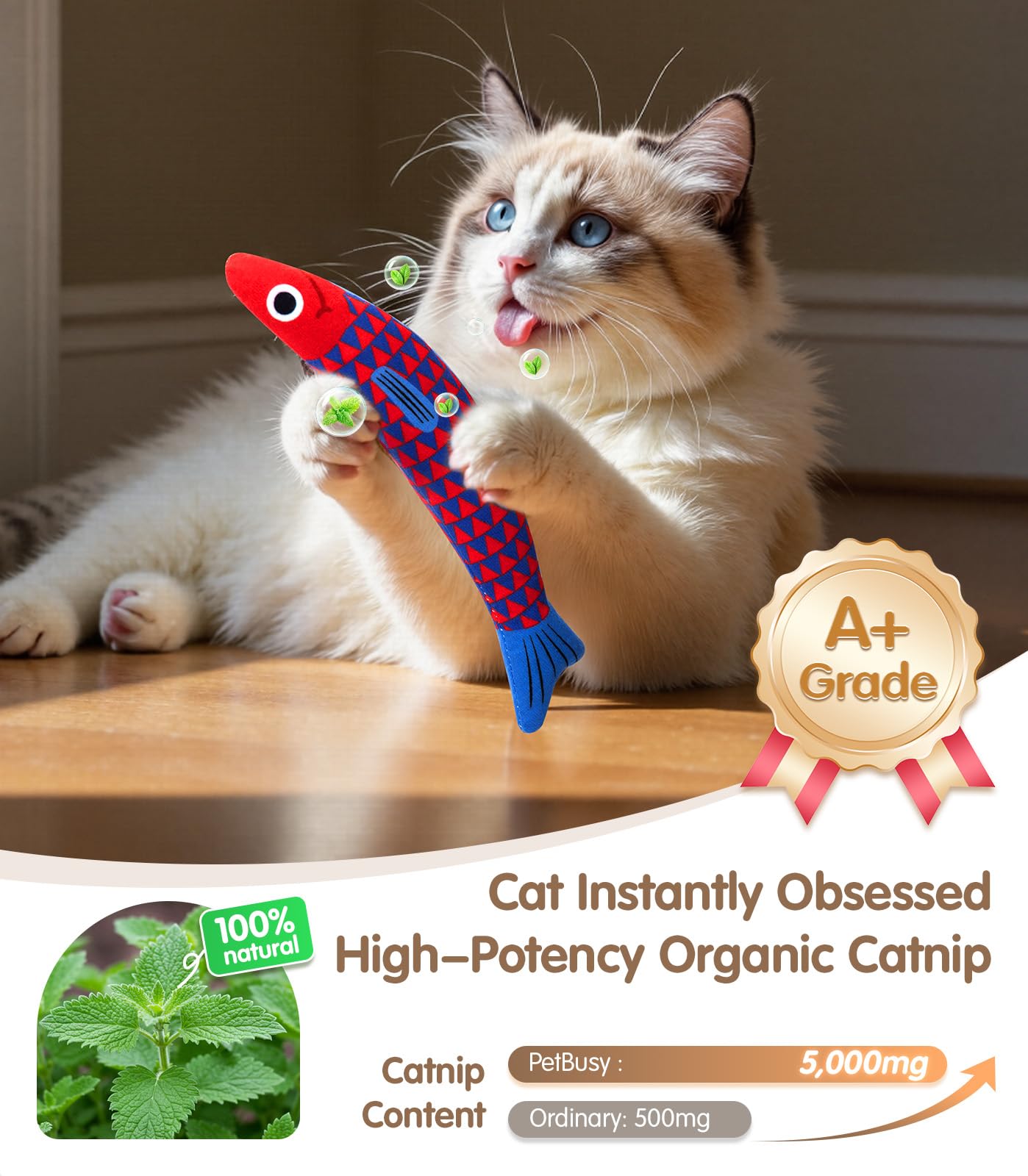 Jouet Poisson PetBusy avec cliquetis, stimule l’instinct de chasse.