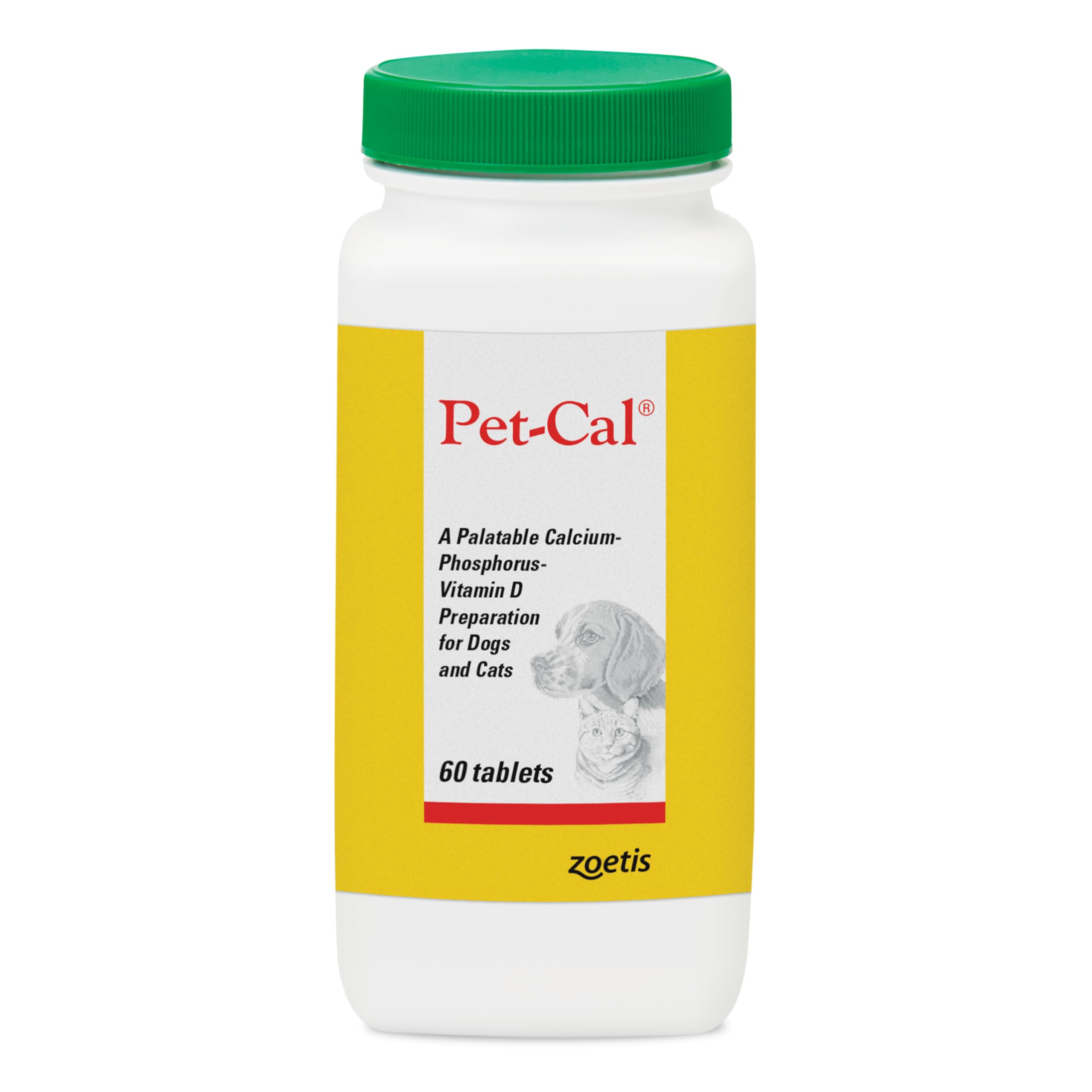 Pet-Cal bouteille de 60 comprimés à croquer, pratique pour chiens et chats.