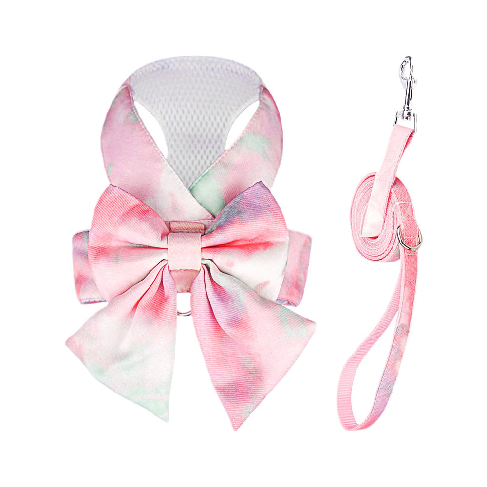 Harnais PETCARE avec noeud papillon arc-en-ciel rose, idéal pour des promenades élégantes.