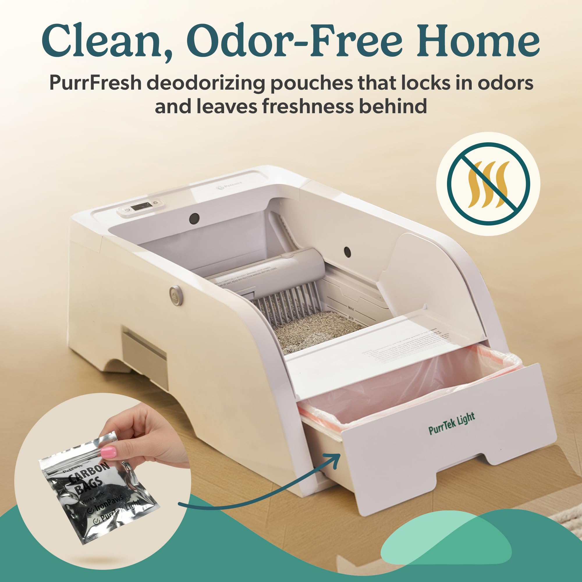 PetCove PurrTek Light : bac à déchets scellé et entretien facilité.