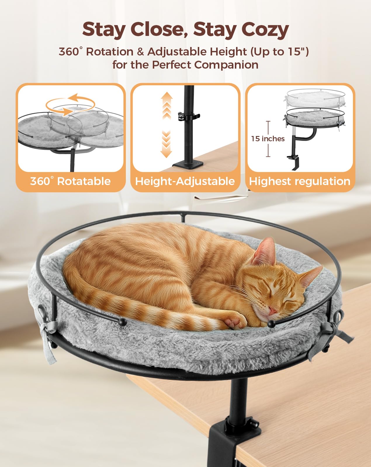 Lit de bureau pour chat Petcozife hauteur réglable, ajustement rapide.