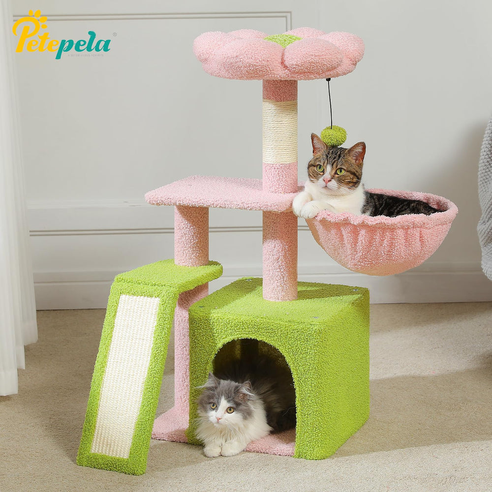 PETEPELA arbre chat rose, ensemble polyvalent pour jeux, repos et observation.