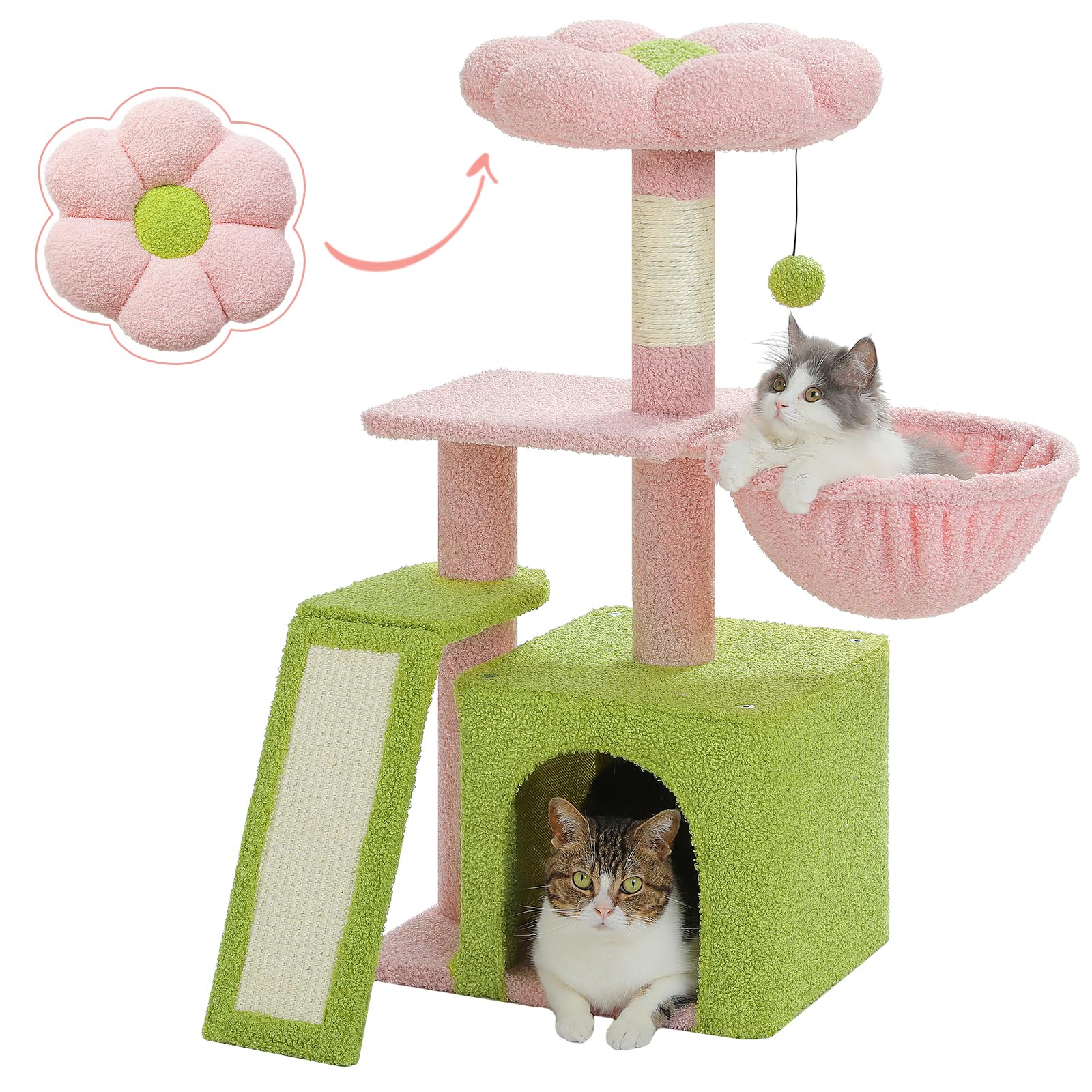 PETEPELA arbre chat fleur rose, face, espace ludique et sécurisé pour chats d'intérieur.