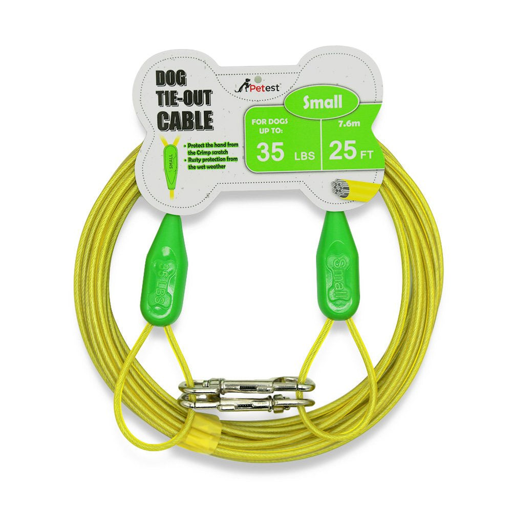 Câble d'attache Petest 25 pieds pour petit chien, vue générale et câble robuste.