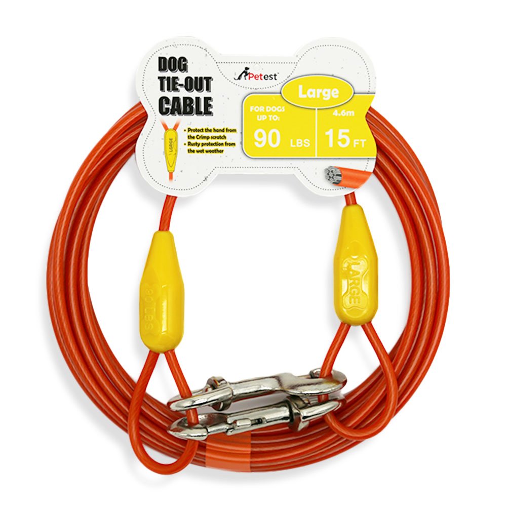 Petest câble-attache-chien-15-pieds, parfait pour chiens jusqu'à 90 lb en extérieur.