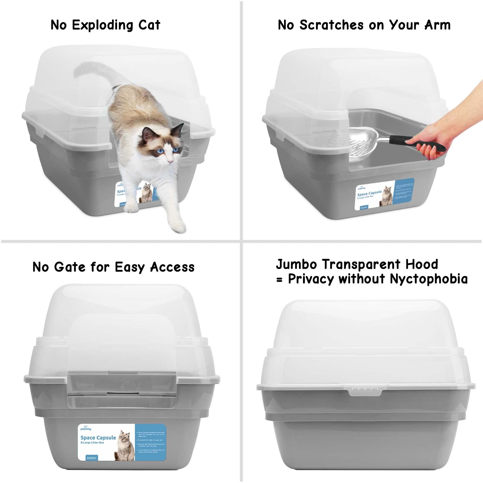 Petfamily bac-litiere-chat-design-spatial-haut: intérieur spacieux pour que les chats se retournent facilement.