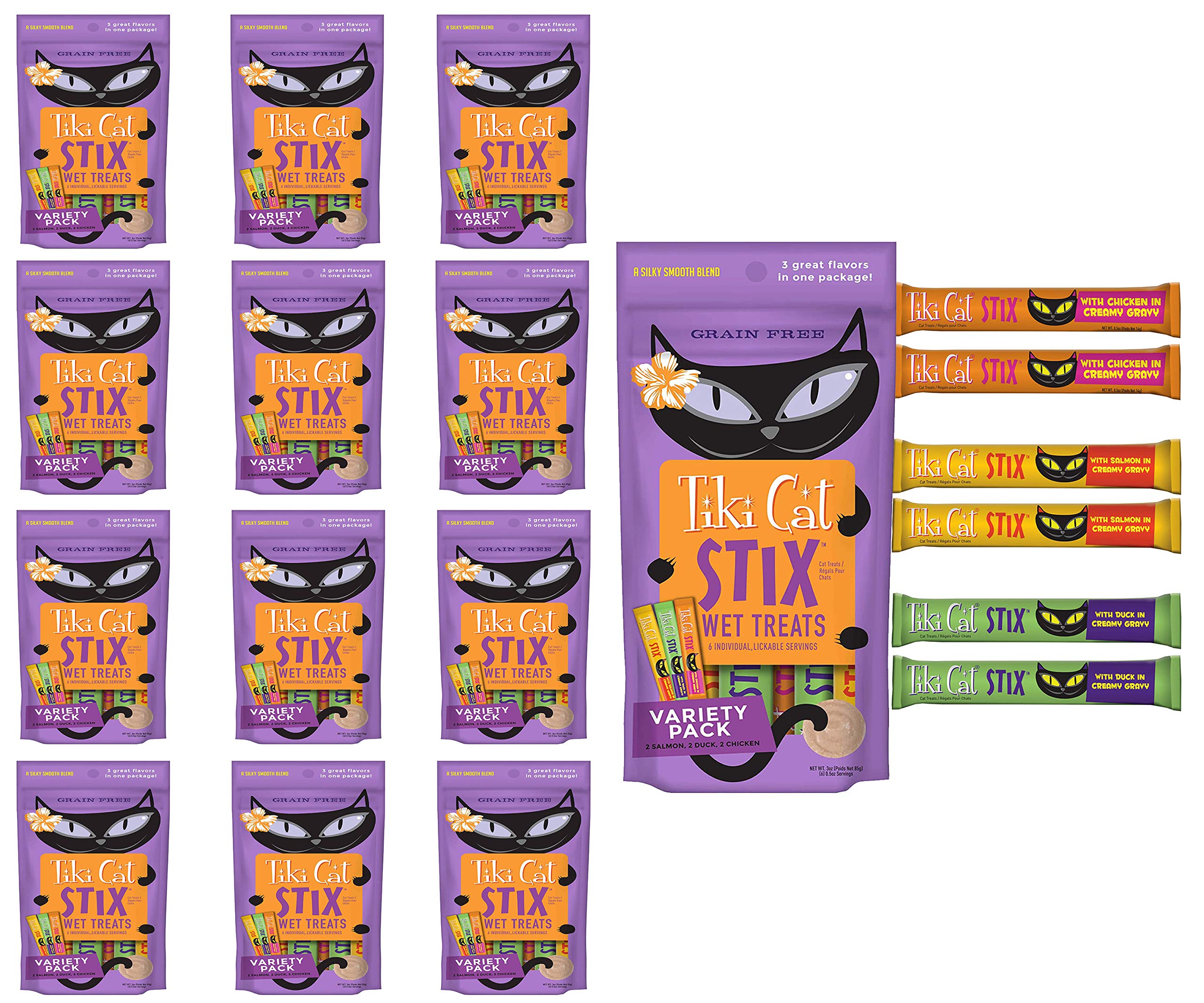 Boîte Pet Faves Tiki Cat Stix avec 72 sticks, pratique pour portions individuelles.