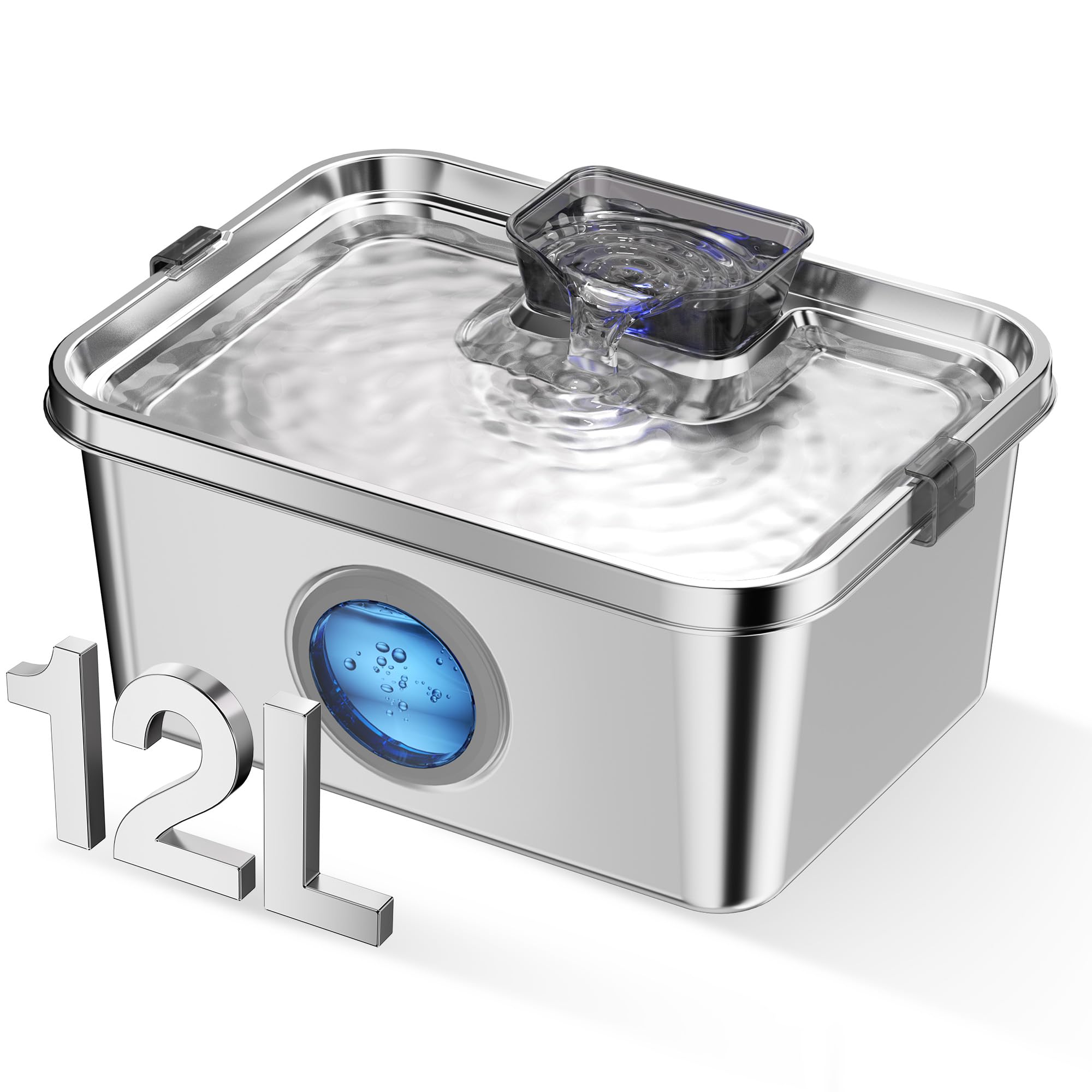 Fontaine PETIMI pour chien en acier inox, capacité 3 galons et eau fraîche.
