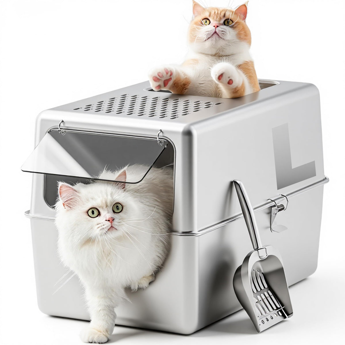 Petinstinct bac-litiere acier inox ferme avec couvercle, hygiénique et facile a nettoyer.