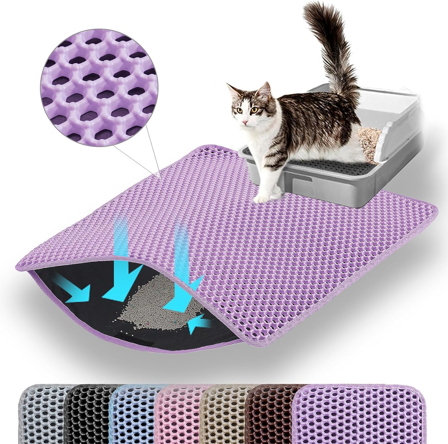 Petinstinct Tapis Litière Chat alvéolaire double couche piège les grains et protège le sol.