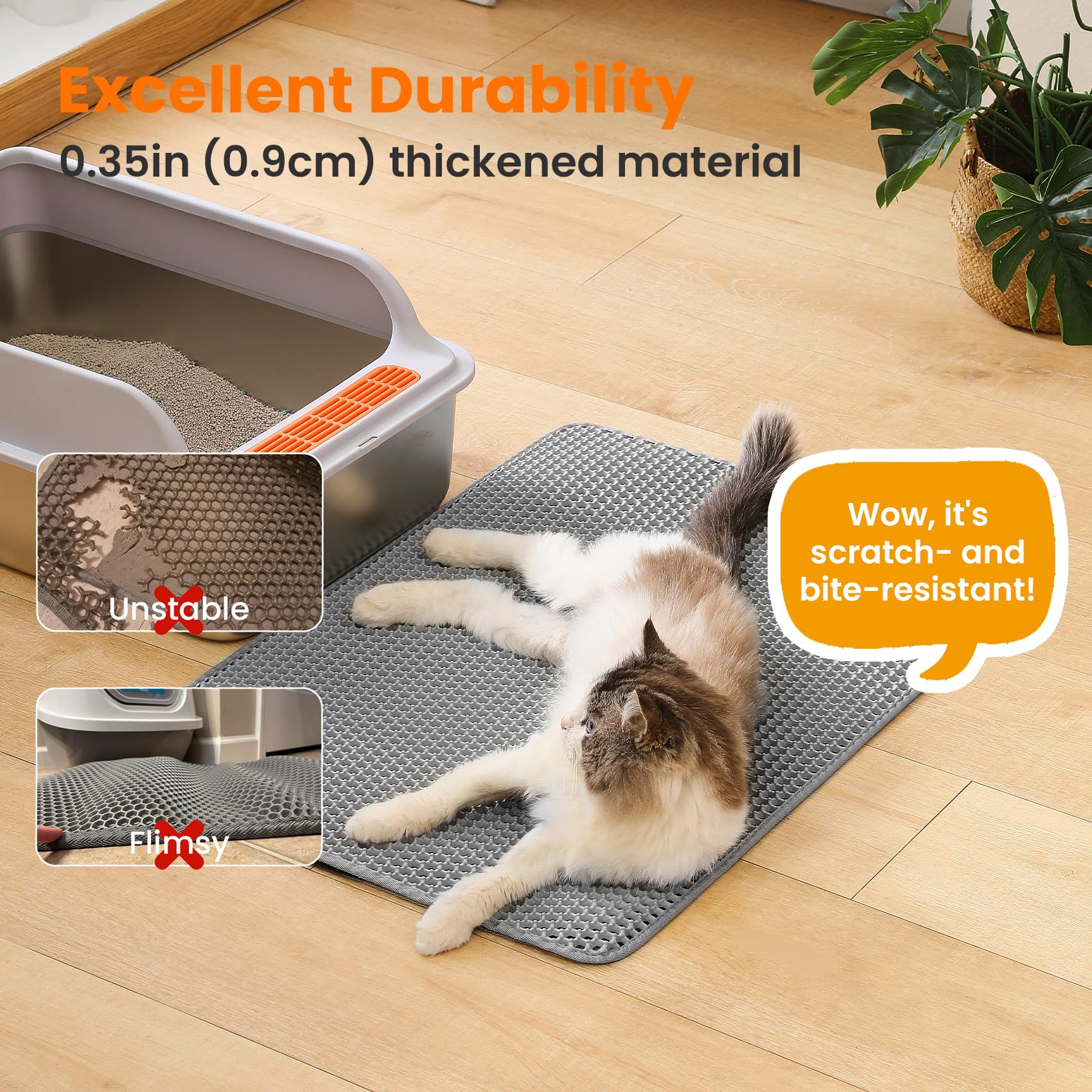 Tapis Petinstinct gris, dessous antidérapant, reste en place lors des passages.