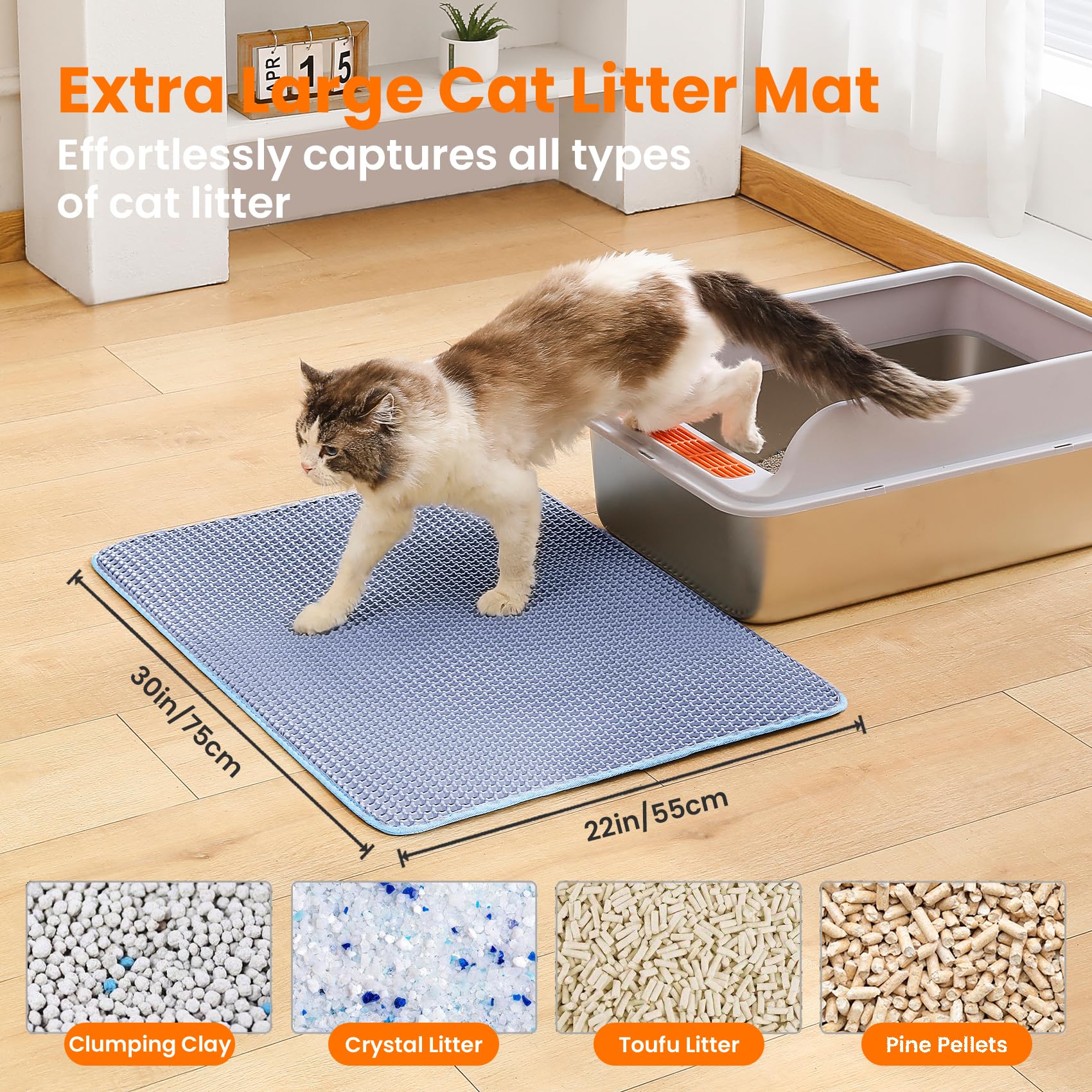 Tapis Petinstinct XL bleu, nid-dabeille-double-couche, récupération facile de la litière.