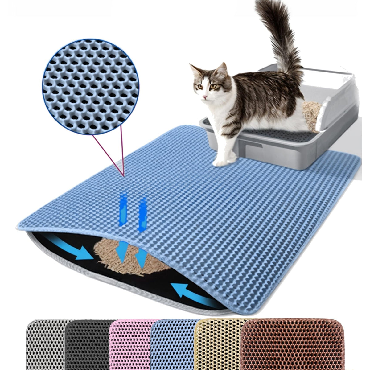 Tapis Petinstinct XL bleu, nid-dabeille-haut, capture efficace des grains de litière.