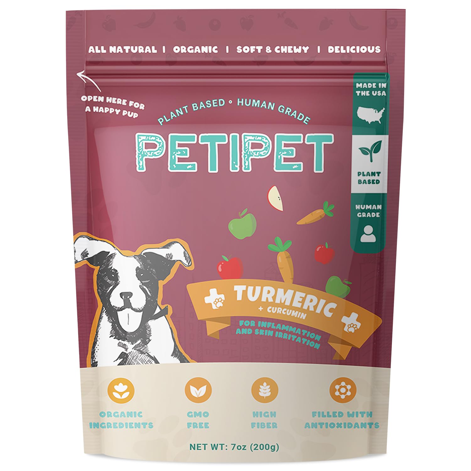 Emballage Petipet curcumine-curcuma, friandises prêtes à l’emploi pour chien.