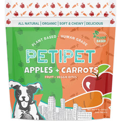 PETIPET emballage montrant fruits et carottes, friandises végétales savoureuses.