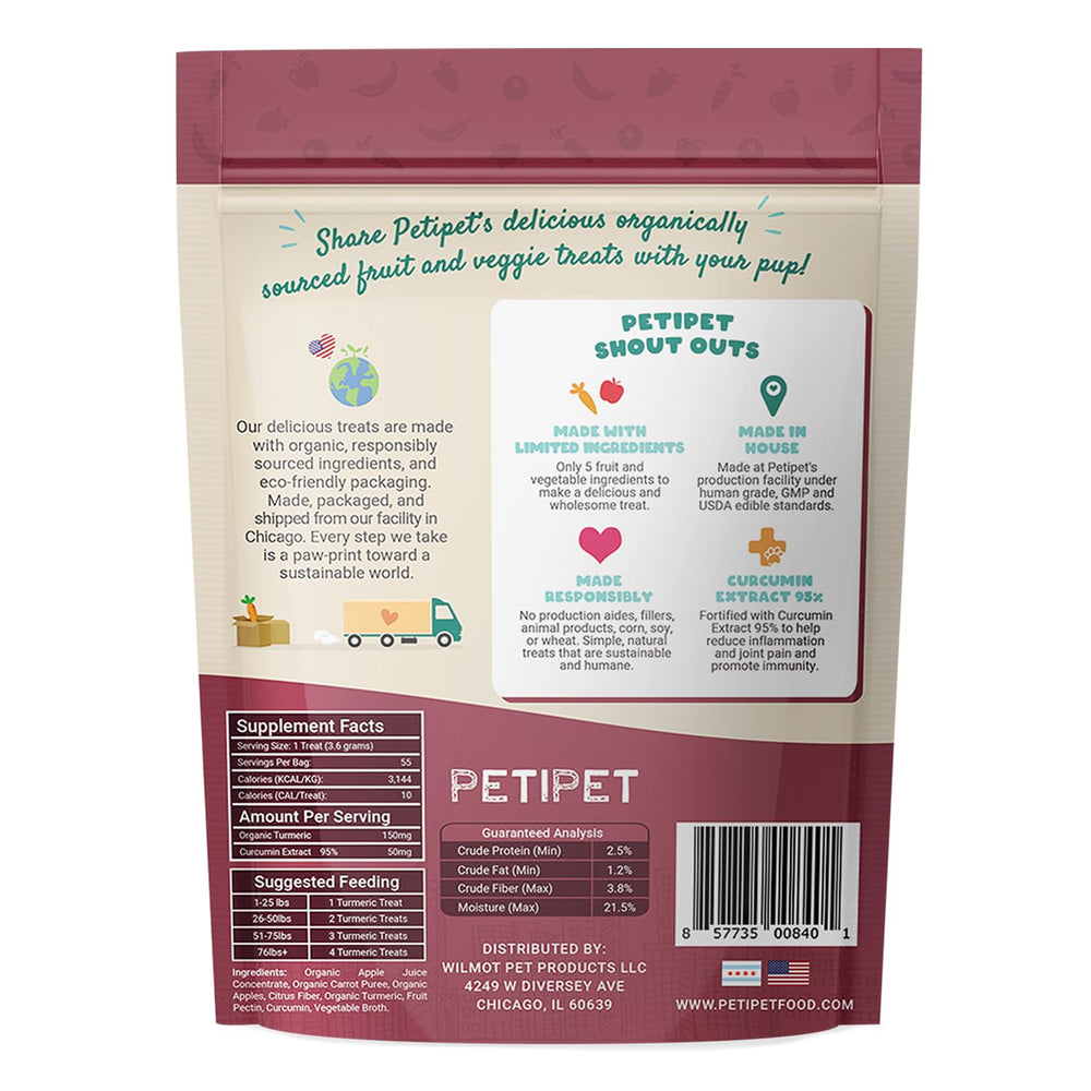 Ingrédients naturels Petipet affichés avec curcumine et pommes pour digestion.