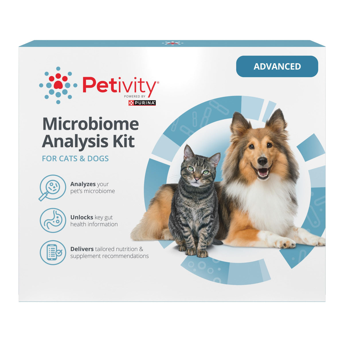 Kit Petivity Microbiome avancé en boîte prêt pour prélèvement à domicile.