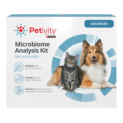 Kit Petivity Microbiome avancé en boîte prêt pour prélèvement à domicile.