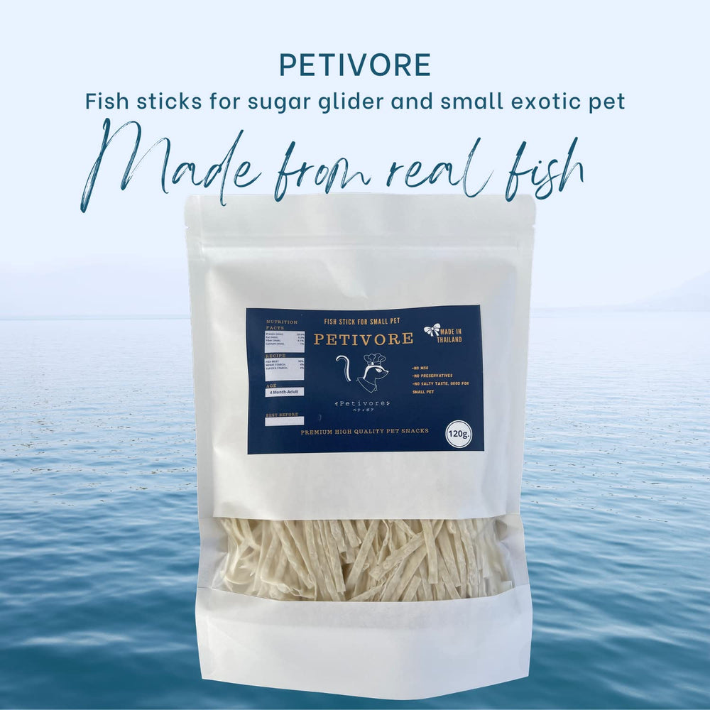PETIVORE baton-poisson proteines-equilibre, ideale comme encas sain pour votre rongeur.
