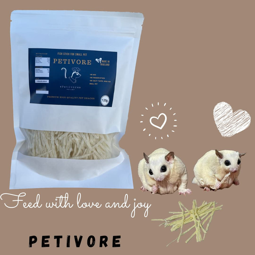 PETIVORE baton-poisson texture croquante, stimulation sensorielle pour petits animaux.