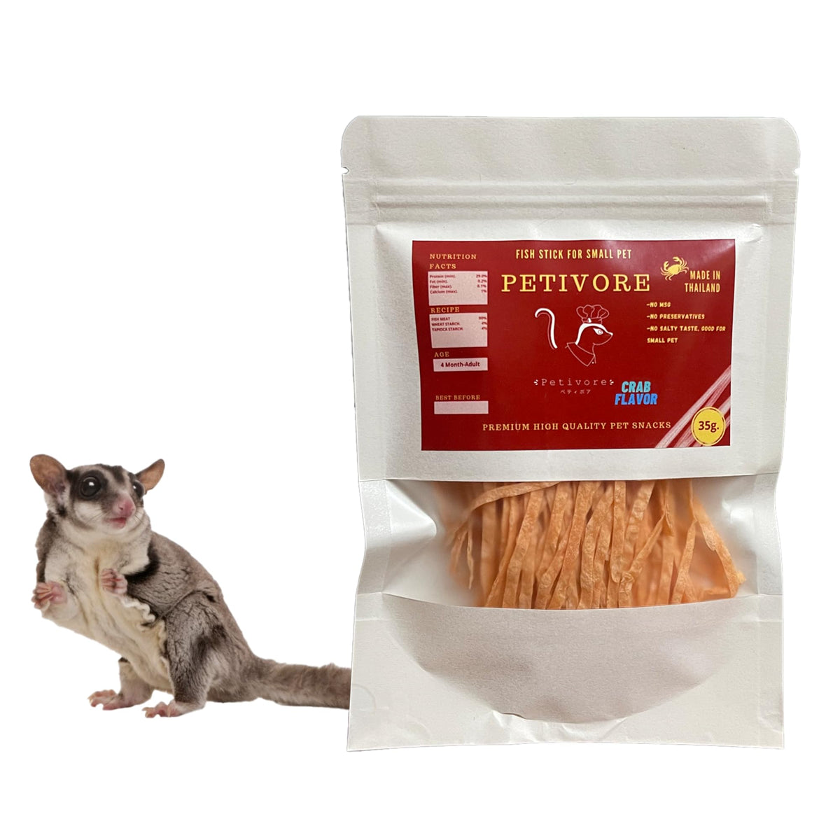 Petivore Saveur Crabe pour Ecureuil Volant, friandise gourmande et nutritive.
