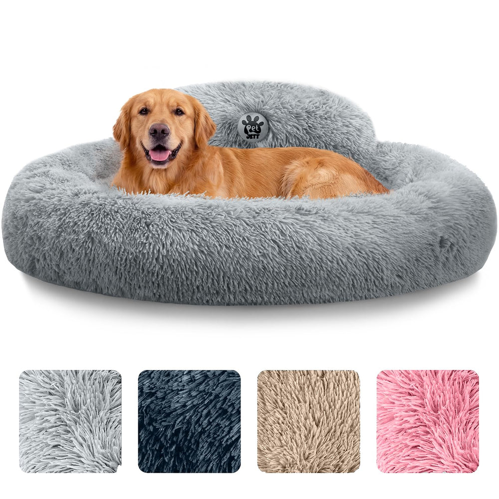 Lit donut PetJett gris avec pelage doux, pour un repos agréable.